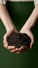 Manos sosteniendo un pu&ntilde;ado de tierra f&eacute;rtil sobre un fondo oscuro.