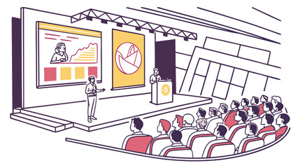 Illustration of a conference with speakers on stage and an audience in a large auditorium hall space