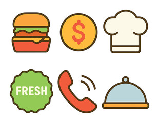 Playful Food Icons. Flat vector mini-illustrations Food flyer composition in colors children's illustrations: