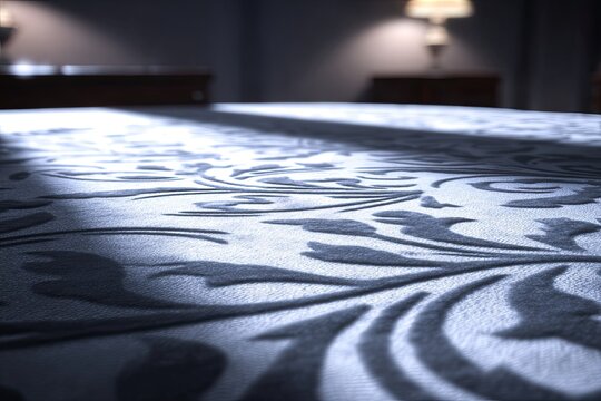 Close-up of a richly patterned bedspread, illuminated by a shaft of light