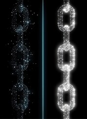 Abstract chain, digital art, two chains.  One dark gray, one light gray.  Chains composed of glowing, interconnected pixels.  Vertical alignment, contrasted against a black background