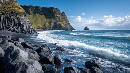 Black sand beach, dramatic cliffs