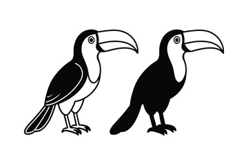 Fototapeta premium Two cartoon toucans one in black and white outline and the other in a solid black silhouette standing side by side against a white background