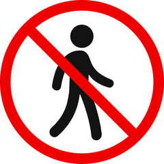 No walking, no entering, stop sign, warning symbol. Crossed human silhouette, simple stick figure in red circle. Vector illustration.
