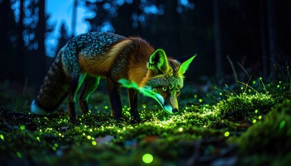 Fototapeta premium Glowing Fox in Enchanted Forest at Night Magical Woodland Scene.