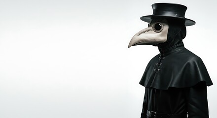 plague doctor on the right, clear copy space on the left. ,hyper realistic digital art ,isolated on bright background