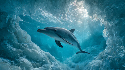 Fototapeta premium Dolphin Swimming in Ice Cave Underwater Sunlight Marine Animal Wildlife