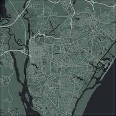Map of Wilmington in North Carolina in a smooth dark style. Contains layered vector with roads water, parks, etc.