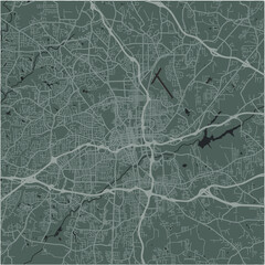 Map of Winston-Salem in North Carolina in a smooth dark style. Contains layered vector with roads water, parks, etc.