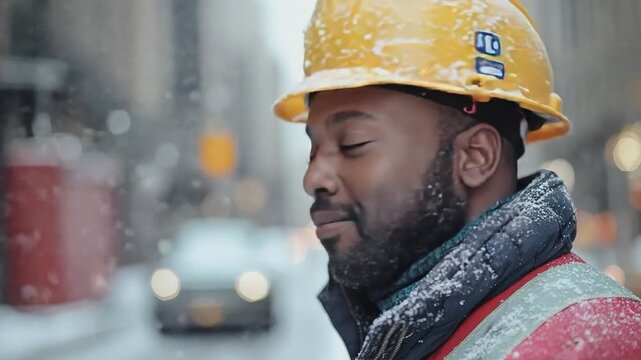 Hard-hat worker in the Winter: A construction worker finds a moment of serene amidst a winter snow shower in a urban environment. The image evokes a sense of peace amidst a rugged urban environment.
