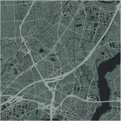 Map of Woodbridge in New Jersey in a smooth dark style. Contains layered vector with roads water, parks, etc.