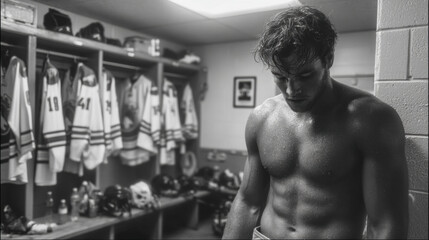 Intense Hockey Player in Locker Room Before Game Preparation, Muscular Athlete with Focused Expression, Sports Team Environment