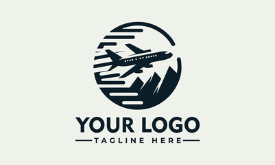 Airplane flying over mountains inside a circle, with speed lines indicating movement, logo design.