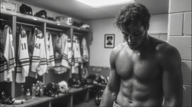 Intense Hockey Player in Locker Room Before Game Preparation, Muscular Athlete with Focused Expression, Sports Team Environment