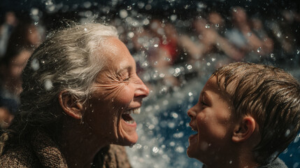 Happy Grandmother and Grandson Laughing in Water Spray Together