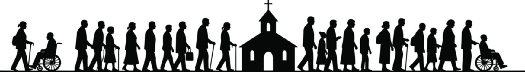  Inclusive community walking to church, elderly and disabled together, spirituality, unity, silhouette illustration, diversity, faith, people, compassion, gathering