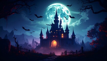 A dark, gothic castle at night under a large moon