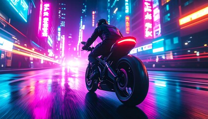 A cyberpunk motorcycle rider speeds through a vibrant nighttime city
