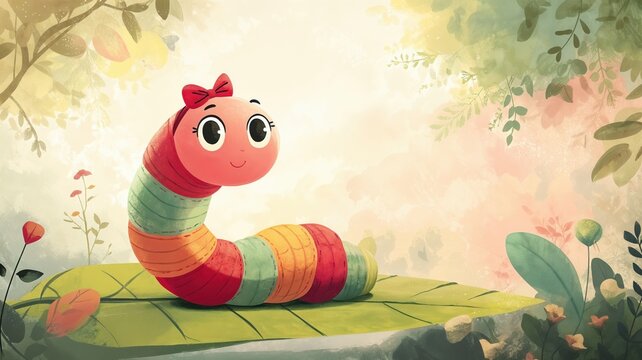 Una adorable oruga con un lazo en la cabeza posa sobre una hoja verde en un jard&iacute;n m&aacute;gico.