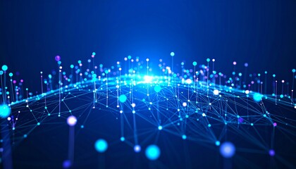 Futuristic digital landscape with a glowing plexus network and data nodes.