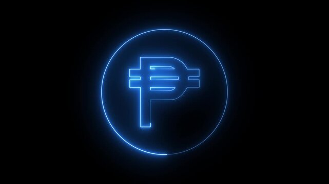 Neon peso icon animation. Glowing neon peso money icon, looped animation. peso currency sign, bank, Business and finance conceptual neon peso. neon blue peso currency on black background.