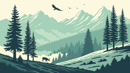 Illustration of a mountain landscape with pine trees deer and flying birds in a peaceful outdoor scene