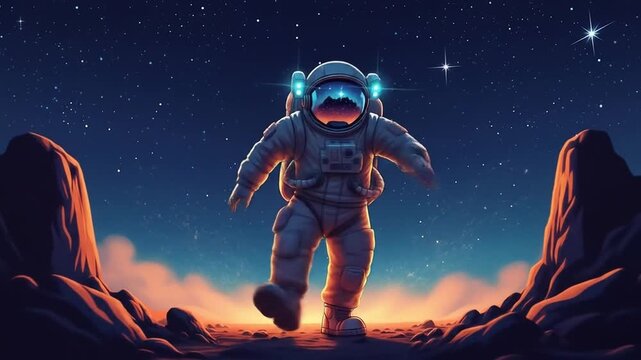 Animated loop of astronaut performing a shuffle dance under the stars, dust particles animated, crisp high contrast colors.