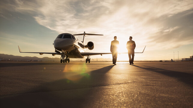 Two pilots walk towards a private jet on an airport runway during sunset. The scene captures the essence of aviation and travel.