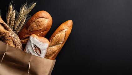 Assorted breads in a brown paper bag, against a dark background