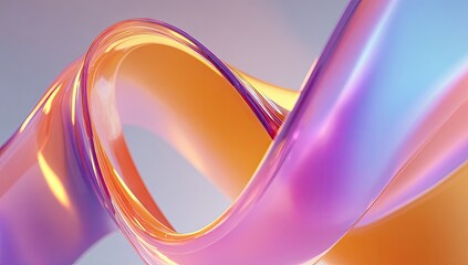 Abstract swirling, iridescent ribbon.  Fluid, organic form with a gradient of vibrant colors, including orange, pink, and purple.  Soft, glowing light accentuates the shape
