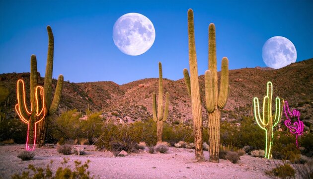 Surreal desert landscape with glowing neon cacti and two moons