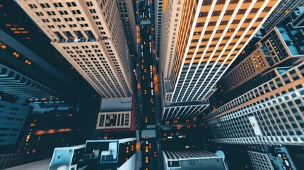 City Skyline: A striking view from above of a modern city, featuring towering skyscrapers lining a bustling street. Capturing the dynamic essence of urban life.
