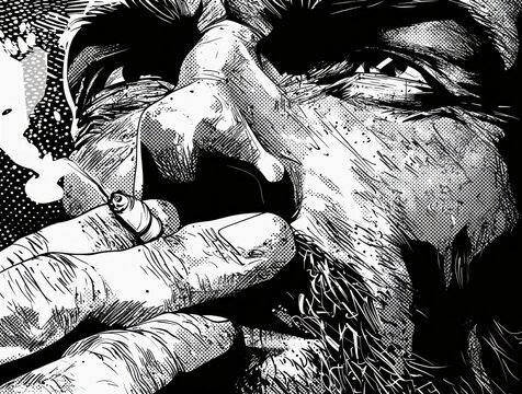 Un primer plano en blanco y negro de un hombre fumando un cigarrillo, con una expresi&oacute;n melanc&oacute;lica y un fondo difuminado.