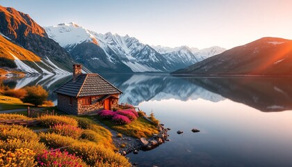 Serene lakeside cabin nestled among snowcapped mountains
