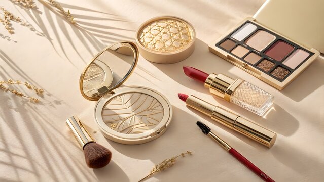 Luxurious makeup products arranged with soft lighting and natural elements