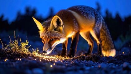 Red Fox Exploring Illuminated Ground at Night Wildlife.