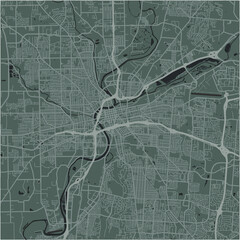 Map of Dayton in Ohio in a smooth dark style. Contains layered vector with roads water, parks, etc.