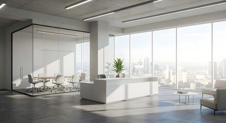 Photo Lobby de oficinas panor&aacute;micas blancas con un piso de concreto, paredes blancas y de vidrio, una recepci&oacute;n y un sof&aacute; blanco cerca de mesas de caf&eacute;.