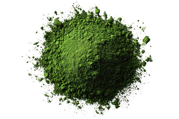 Close-up of vibrant green powder, piled in a mound, with a slightly out-of-focus, textured edge against a black background