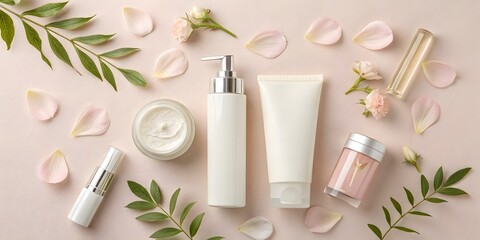 Luxurious skincare products arranged with delicate petals and greenery