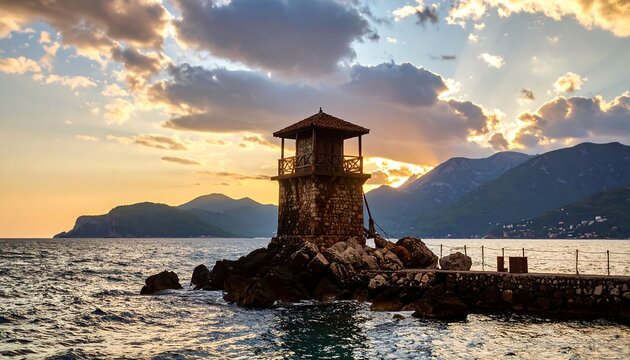 Sunset lighthouse on rocky coast