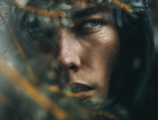 Primer plano de un rostro femenino con mirada intensa, envuelto en una atmósfera misteriosa y natural.