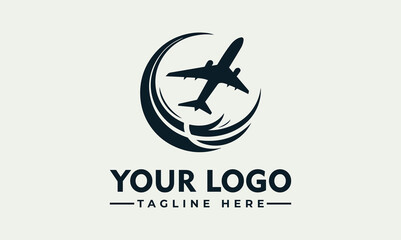 Sleek airplane logo design, encircled by stylized wing-like curves, perfect for travel businesses.