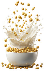 Golden cereal balls exploding in milk splash