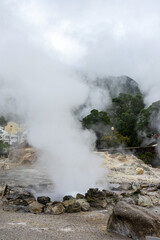 Steam rises from geothermal hot springs at Furnas, São Miguel Island, Azores, showcasing natural volcanic activity and lush green surroundings.