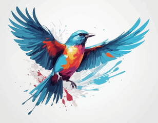 Fototapeta premium This is a dynamic and colorful watercolor style illustration of a bird, possibly a kingfisher or a similar small bird. The bird is captured in a mid-movement pose, as if landing or taking o (23)