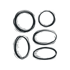 Various Drawn Scribbled Circles and Oval Shapes Isolated on White Background