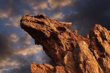 Dragon-like rock formation, dramatic sky