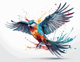Obraz premium This is a dynamic and colorful watercolor style illustration of a bird, possibly a kingfisher or a similar small bird. The bird is captured in a mid-movement pose, as if landing or taking o (23)