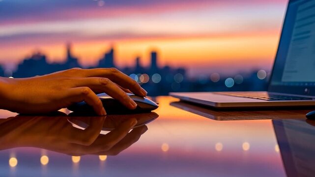 Hand Using Mouse with Laptop at Sunset, Working Concept Video